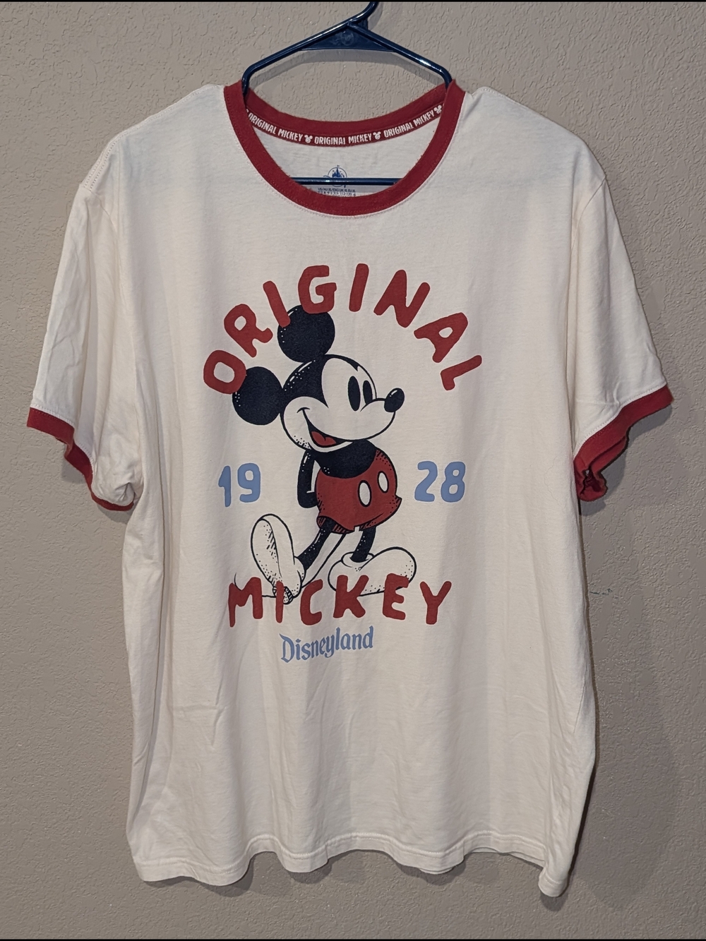 Disney White T-Shirt with Red Trim and Blue Graphic - Mickey Mouse